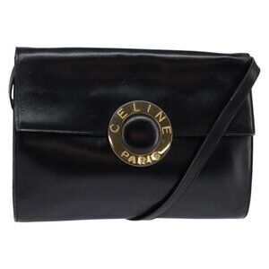 Authentic CELINE Circle Shoulder Bag Leather Black Gold